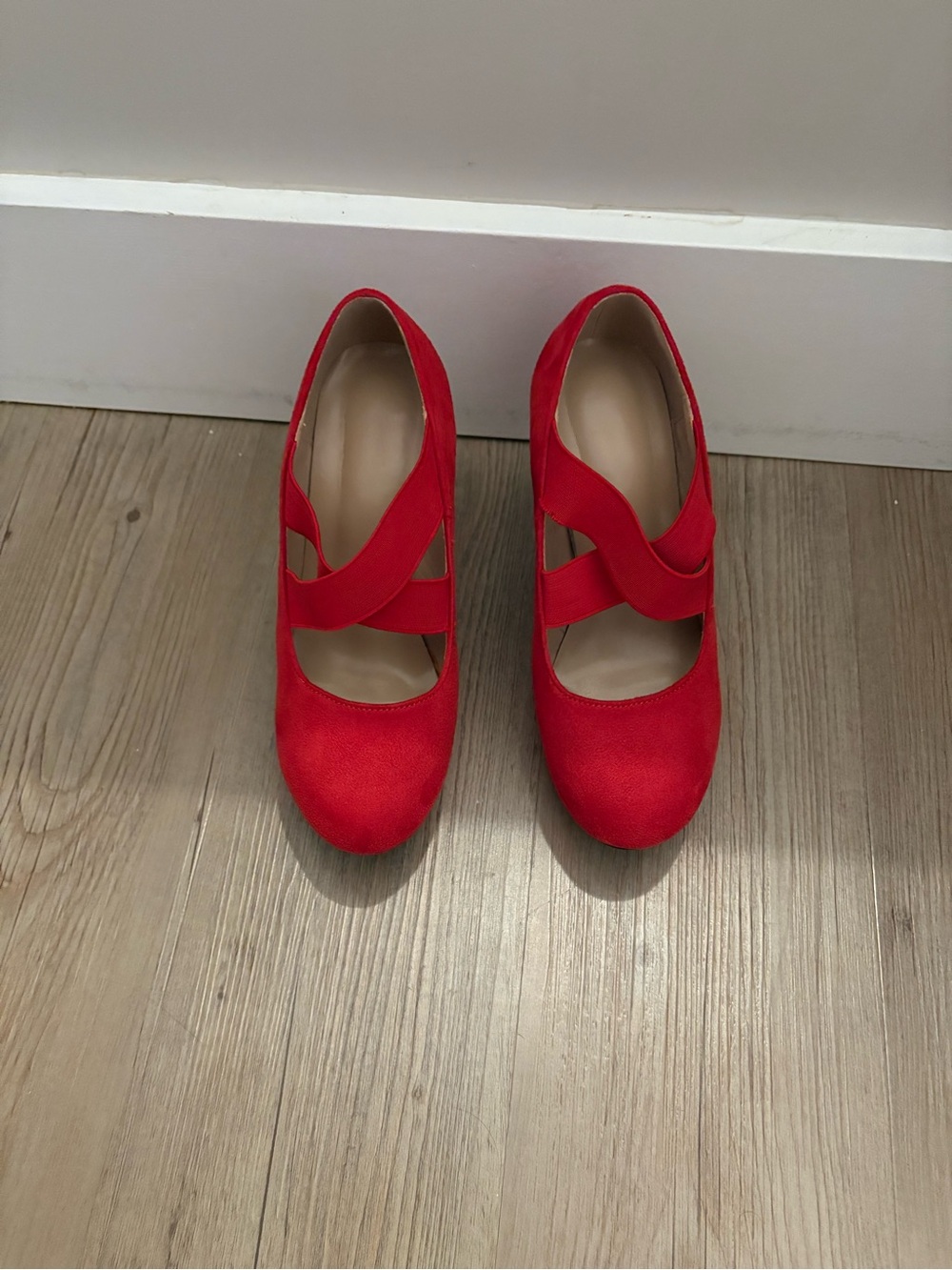 SHEIN Red Cross-Strap faux suede Closed-Toe Heels platform pumps